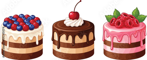 Cake illustration set featuring chocolate layered cakes with berry and cherry toppings, colorful hand drawn vector dessert collection isolated on white background