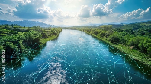 A scenic river vista with green hills under a bright sky featuring a digital network overlay on the water illustrating smart technology for environmental resource management and global communication