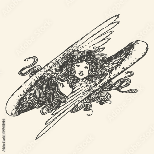 Vintage illustration of a winged female figure with curly hair, appearing to emerge from abstract shapes, evoking a sense of angelic or mythological presence.