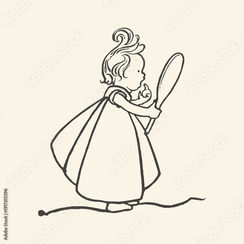 Charming vintage illustration of a baby girl holding a mirror and looking at her reflection, with a playful and innocent demeanor, in a soft sketch style.