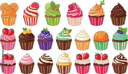 Colorful cupcake illustration set featuring assorted frosted cupcakes with fruit and chocolate toppings, hand drawn vector bakery desserts collection isolated on white background