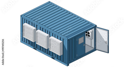 Isometric View of a Blue Shipping Container with Vents and Open Door.