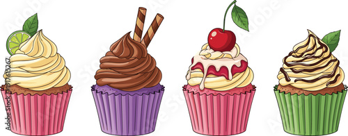 Cupcake illustration collection featuring assorted frosted cupcakes with chocolate, cherry and citrus toppings, colorful hand drawn vector desserts isolated on white