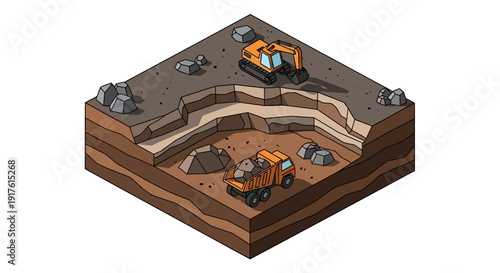 Isometric View of a Construction Site with Excavator and Dump Truck.