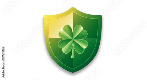 Green shield with four leaf clover symbolizing protection luck