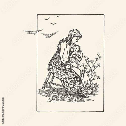 Charming vintage illustration of a mother holding her baby outdoors, with birds flying overhead, capturing a tender moment of maternal love and connection in a pastoral setting.