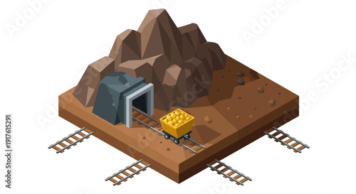 Isometric Mine Entrance with Gold Cart and Tracks.