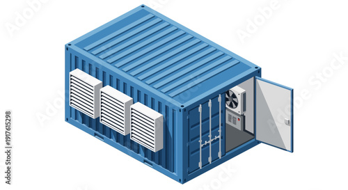 Isometric view of a blue shipping container with cooling units attached.
