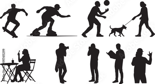 Diverse People Silhouettes Performing Activities Isolated on white background