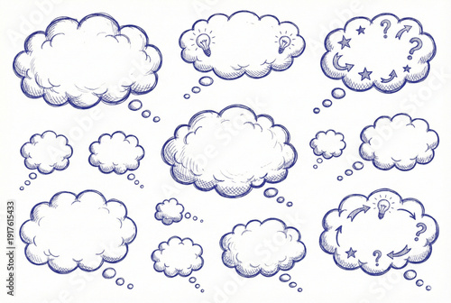 A collection of thought bubbles and dream clouds, fluffy cumulus shapes with little trailing circles, hand-drawn doodle style, varying fluffiness, blue ink sketch, isolated on white background, brains