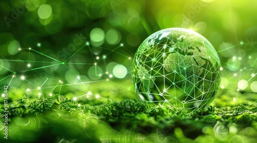 Conceptual image of a glowing digital Earth network connecting across natural mossy ground illustrating global technology integ n and eco conscious innovation