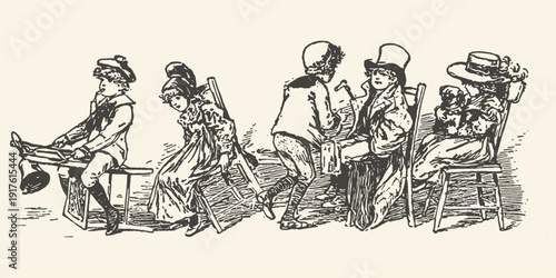 Vintage Group of Whimsical Characters Seated on Chairs in Diverse Costumes, Classic Engraving Illustration for Storytelling and Humorous Scenes.