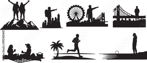 Diverse Silhouette Scenes: Hiking City Exploration and Recreation Isolated on white background