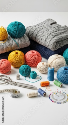 Colorful Yarn and Knitting Accessories on White Surface.