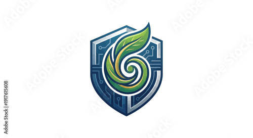 Green Shield Emblem: A modern shield logo intertwines nature's beauty with technological innovation, featuring a spiraling green leaf and circuit board elements to convey security and sustainability.