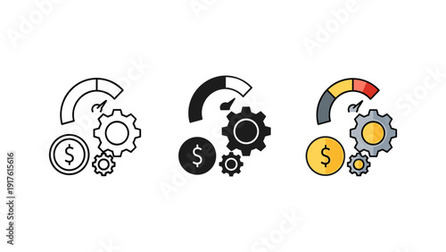 Minimalist vector illustration depicting financial growth, investment, and profit with gears and dollar symbols in a clean, modern flat design style.