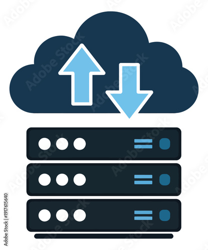 Flat design illustration of cloud server depicting data upload and download for technology business