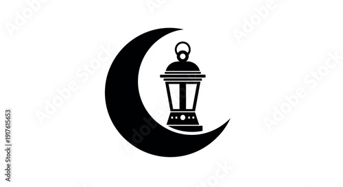 Lantern on Crescent Moon Silhouette in Simple Monochrome Design for Islamic Symbol
