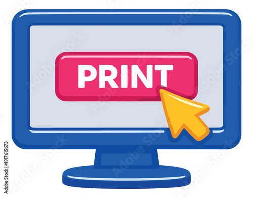 Digital illustration of a computer monitor depicting a mouse cursor clicking the print button for online printing services
