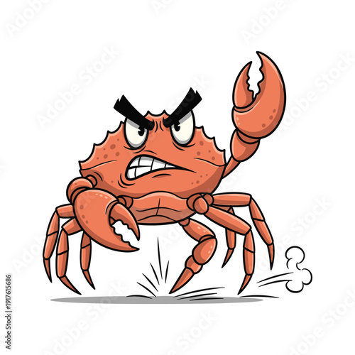 Angry cartoon crab with raised claw and aggressive expression