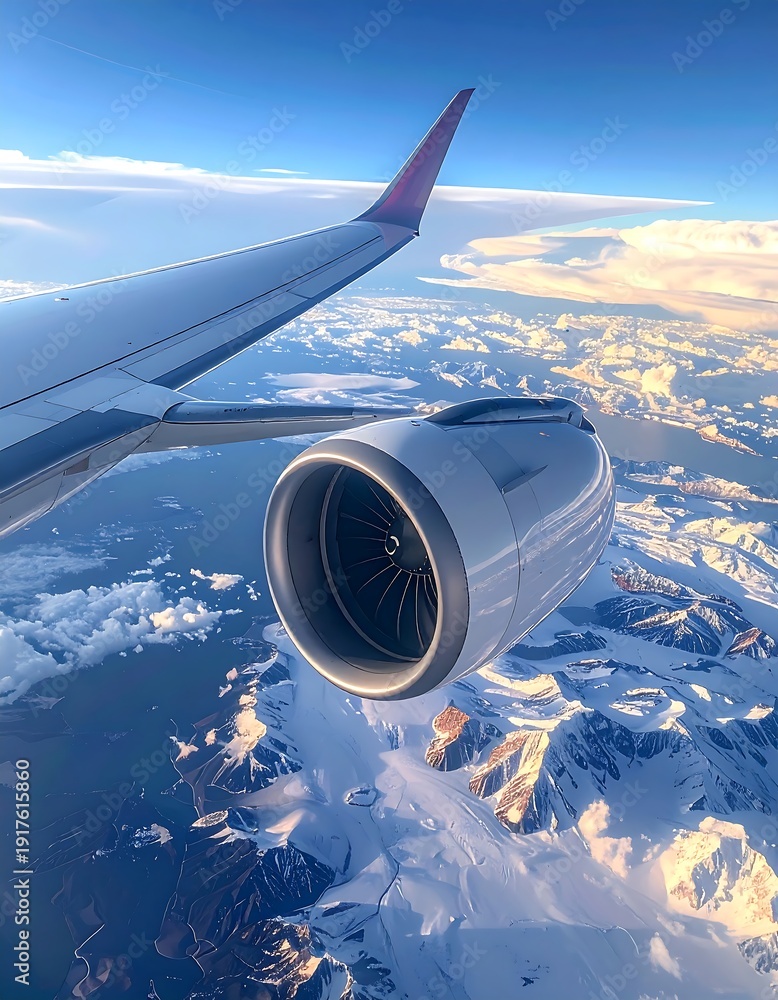 Fototapeta premium Airplane wing and engine in flight over snowy mountains under a sunny sky with fluffy clouds