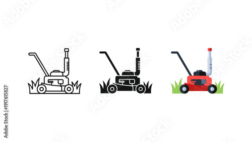 High-quality vector illustration of three lawn mower tractors in different designs for garden maintenance, outdoor landscaping, and grass cutting projects.