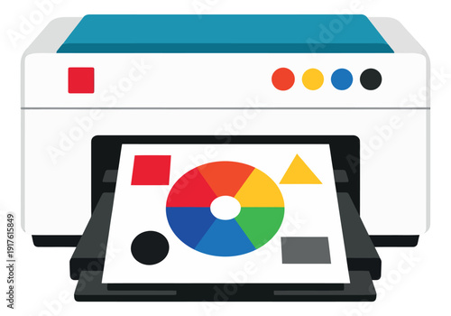 Modern flat design illustration of a printer depicting a color wheel and test shapes on paper for printing and graphic design
