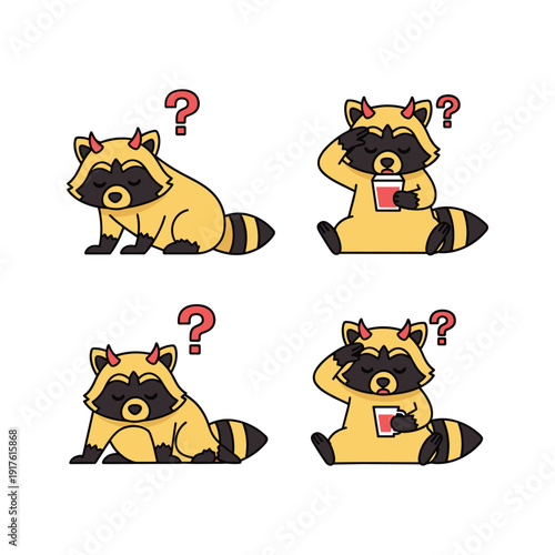 Confused cartoon raccoons with question marks in different poses on white background