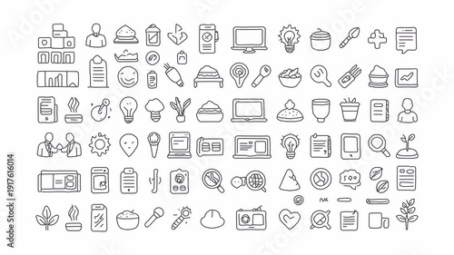 Black marker scribble animation of tech and office symbols. 4K stop motion video with alpha channel on transparent background for overlays.