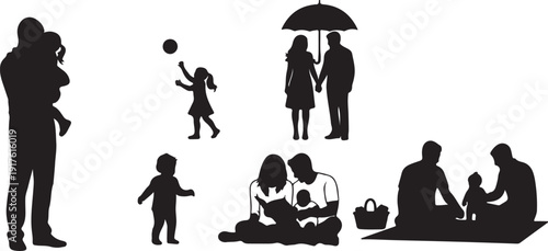 Family Silhouettes Engaged in Various Activities Isolated on White Background