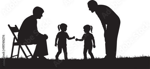 Father and daughters interacting outdoors grandfather watching from chair vector silhouette isolated on white background