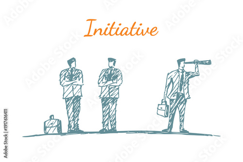 Vector hand drawn concept sketch of businessmen standing in line, one stepping forward and looking through a telescope. Initiative, leadership, proactivity and career growth metaphor.