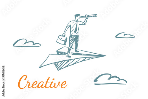 Vector hand drawn concept sketch of a businessman standing on a paper plane and looking through a telescope. Creative vision, leadership, innovation and future planning metaphor.