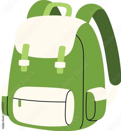 Green backpack for outdoor adventure, Hand draw bag for trip illustration