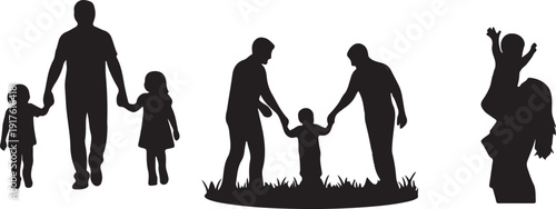 Family Silhouettes Walking and Playing with Children Isolated on White Background