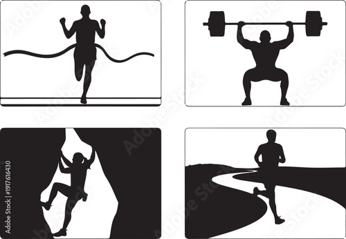 Fitness and Sports Silhouettes: Running Weightlifting Climbing Trail Running Isolated on white background