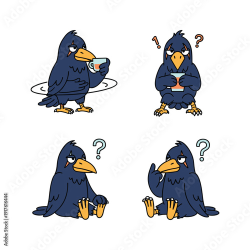 Confused cartoon crow with question marks in different poses and expressions