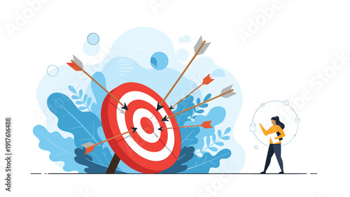 Successful archer hitting a bulls-eye on a large target with multiple arrows as a metaphor for achieving business goals and targets.