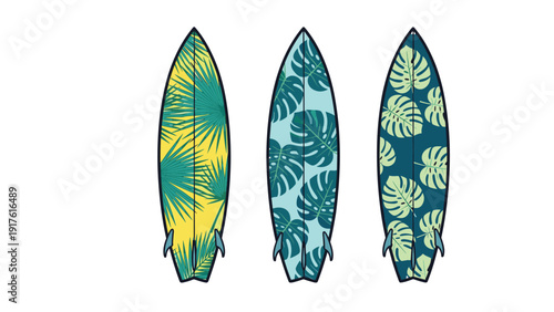 Set of three surfboards with different tropical leaf patterns in green and yellow colors for a summer beach and surfing theme.