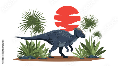 Pachycephalosaurus dinosaur standing in a lush prehistoric environment with palm trees under a large red setting sun in the sky.