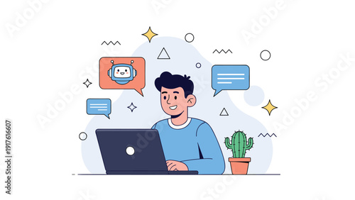 Young man using a laptop to interact with a friendly chatbot for customer support and digital communication in a home office.