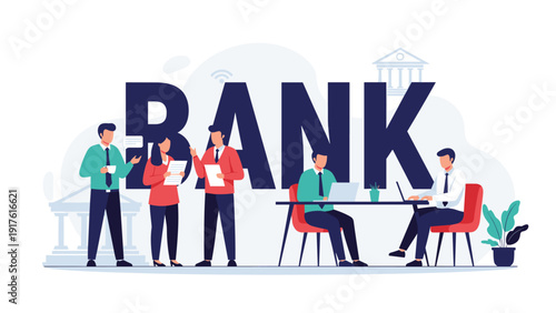 Bank employees working in a modern office environment with financial icons and the word bank in the background for finance.