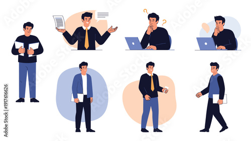 Collection of various poses of a professional businessman showing different actions like working, walking, thinking, and talking.