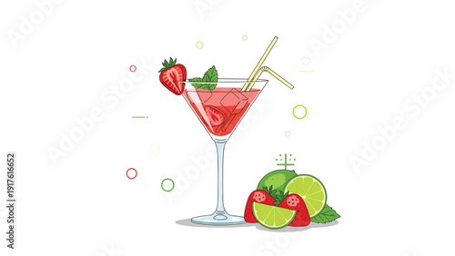 Refreshing strawberry martini cocktail with ice cubes, mint leaves, and fresh lime slices on a white background for a summer menu.