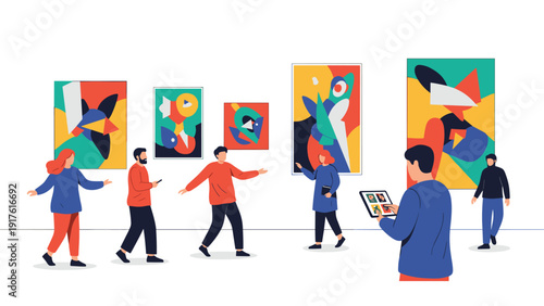 Visitors explore an art gallery featuring colorful abstract paintings displayed on clean white walls in a modern museum.