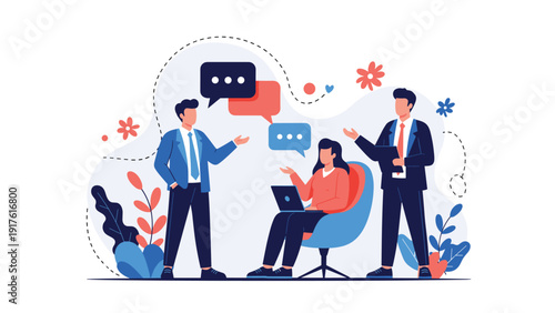 Corporate team engages in a productive brainstorming session with speech bubbles representing their diverse ideas and thoughts.