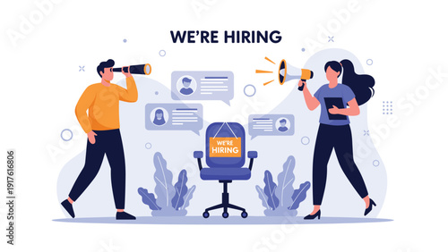 Recruitment scene depicts a team using binoculars and a megaphone to find the right candidate for an empty office chair.