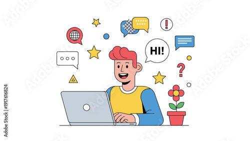 Enthusiastic young man works on his laptop surrounded by colorful icons representing communication, social media, and ideas.