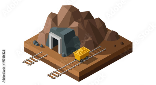 Isometric Gold Mine Entrance with Ore Cart and Tracks.