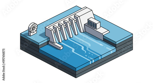 Isometric Hydroelectric Dam Generating Renewable Energy Illustration.